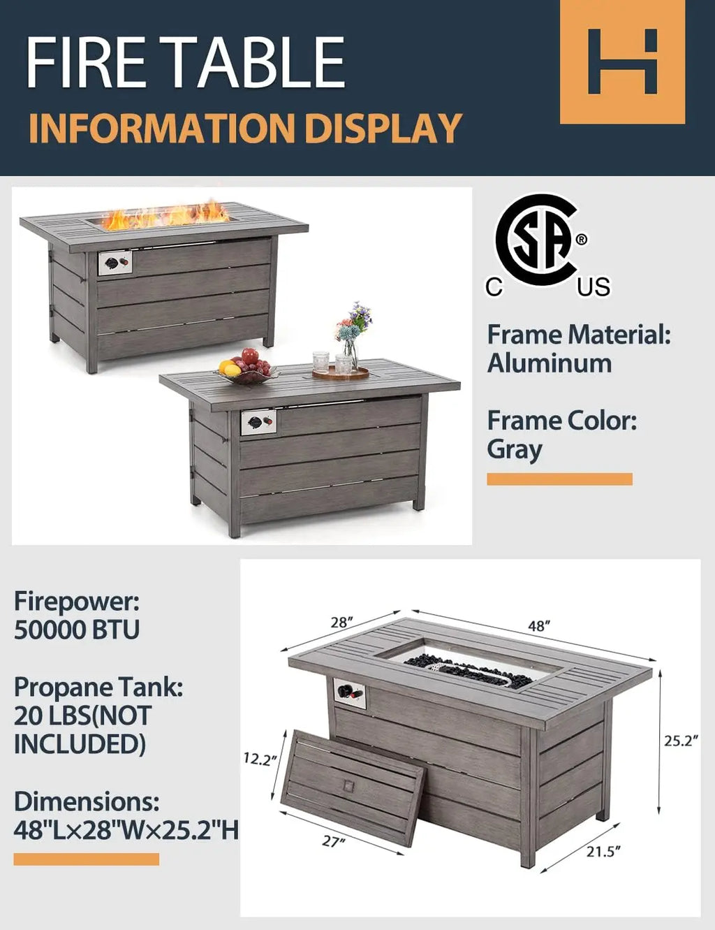 48inch 50000 BTU Gas Fire Pit with Aluminum Slats Table Top