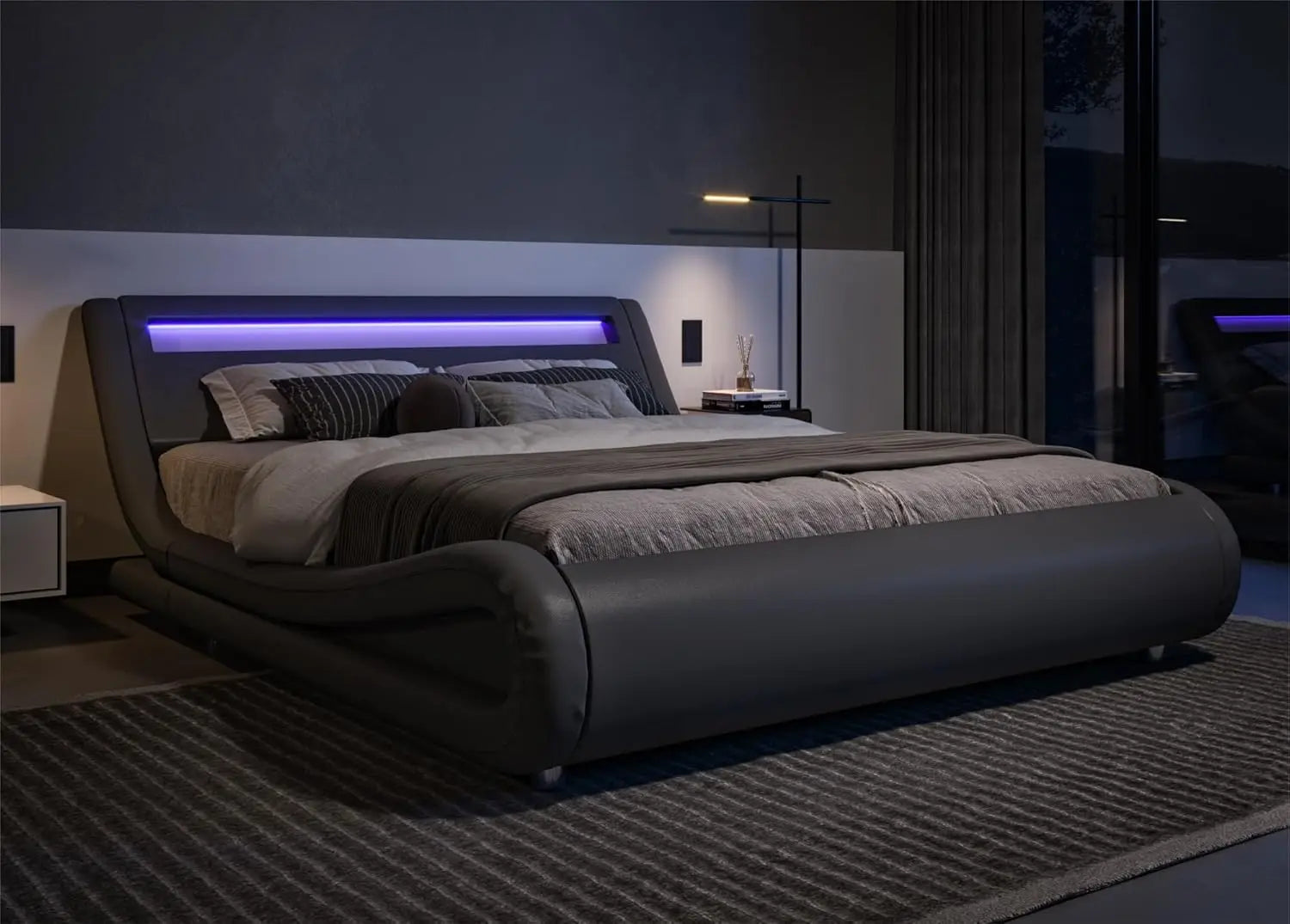 LED Platform Bed Frame with Adjustable Headboard/Need/Easy Assembly/Faux Leather Black, Customized