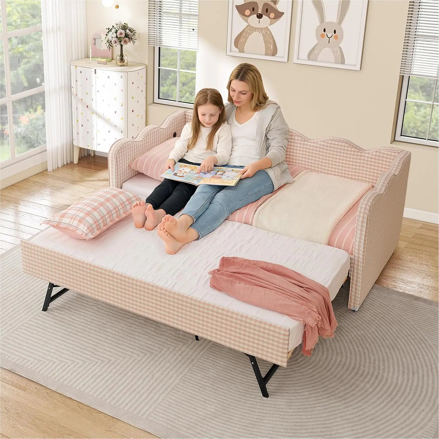 Twin Daybed Pop Up Trundle Linen Upholstered Convertible Sofa
