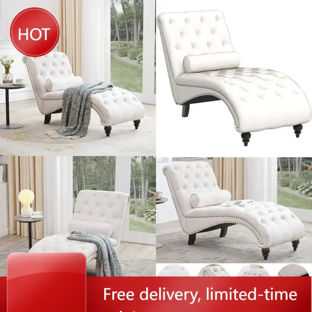 Iindoor upholstered button tufted chaise lounge with solid wood legs