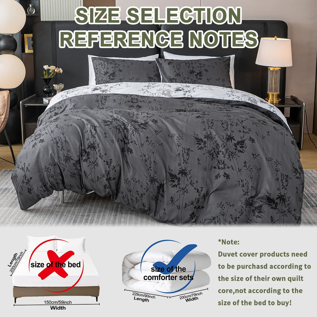 Black and White Plant Print Three-Piece Duvet Cover Set (T-K)
