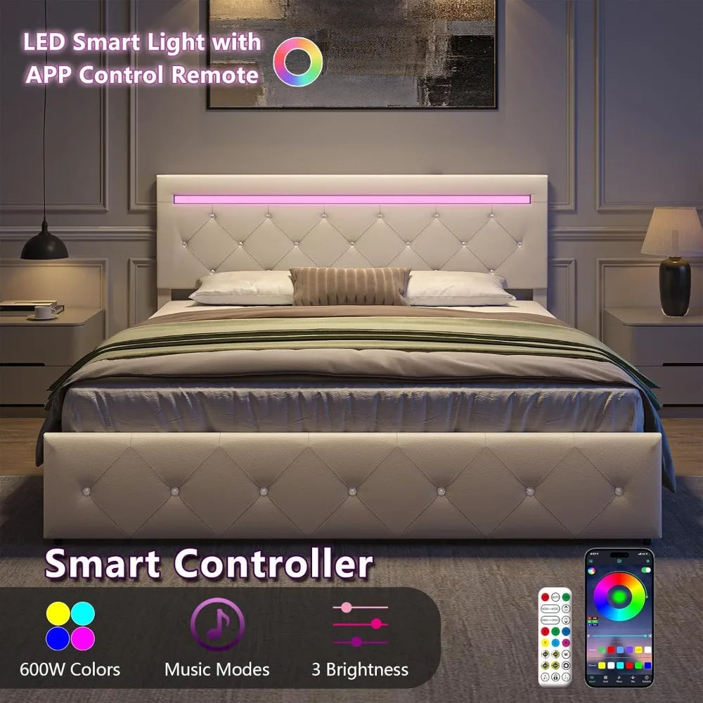 Platform Storage Bed Frame with 4 Drawers and LED Light, (no King available)