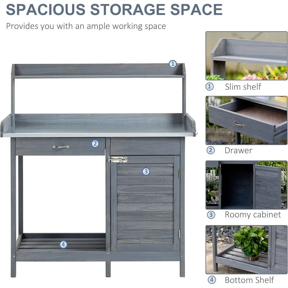 Outdoor Potting Bench Table, Garden Work Station with Storage Cabinet, Open Shelf and Steel Tabletop, Gray