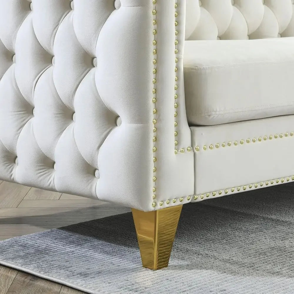Velvet Tufted Sofa Set (Sofa & LoveSeat)with Nailhead Trims and Metal Legs