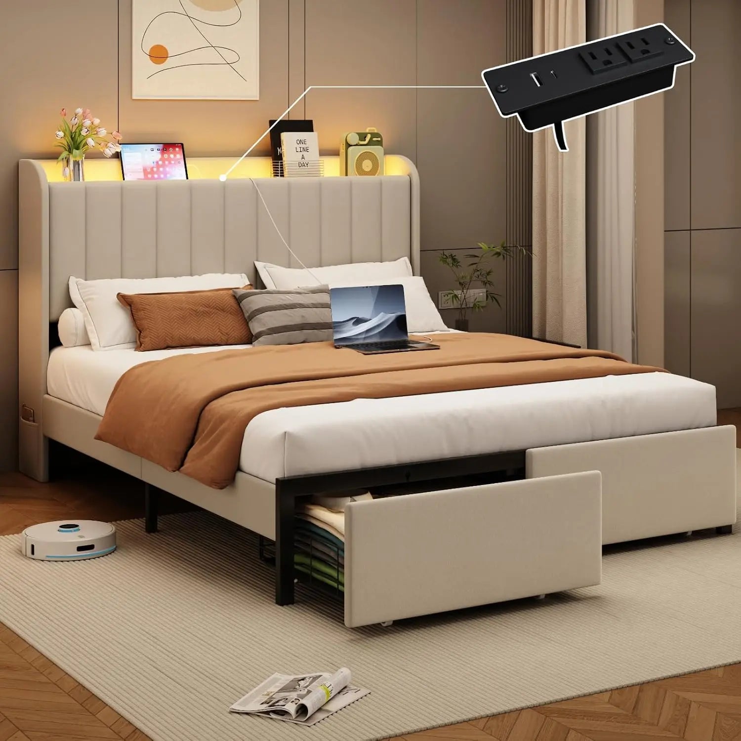 Queen Size Bed Frames with Storage Headboard and 2 Drawers