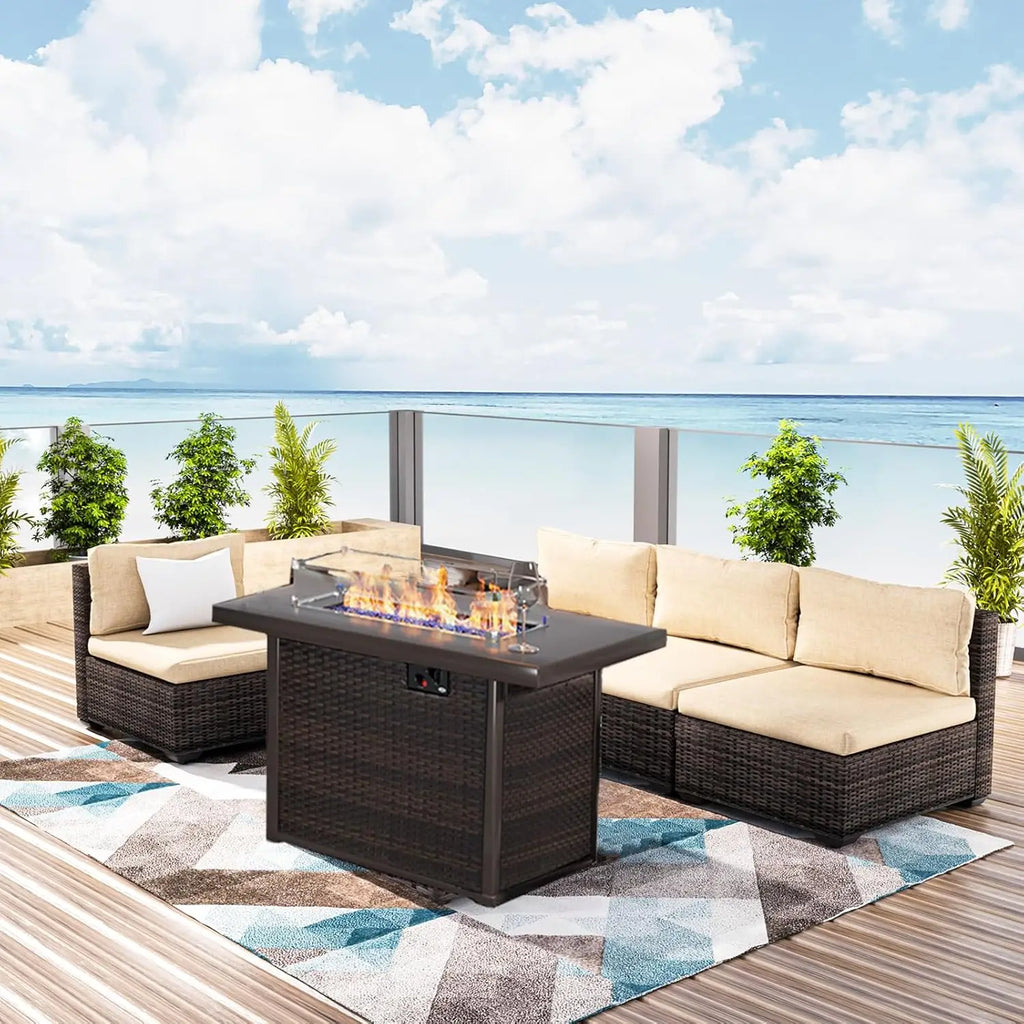 Patio Furniture Set with Fire Pit Table, Outdoor Sectional Rattan Sofa Set