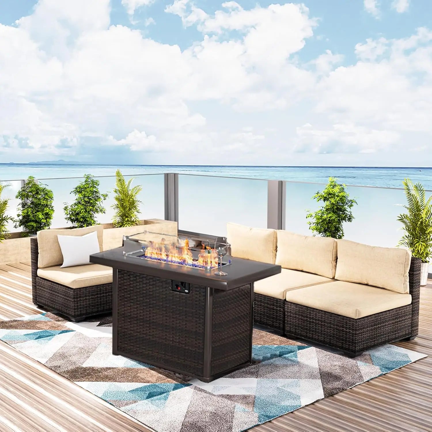 Patio Furniture Set with Fire Pit Table, Outdoor Sectional Rattan Sofa Set