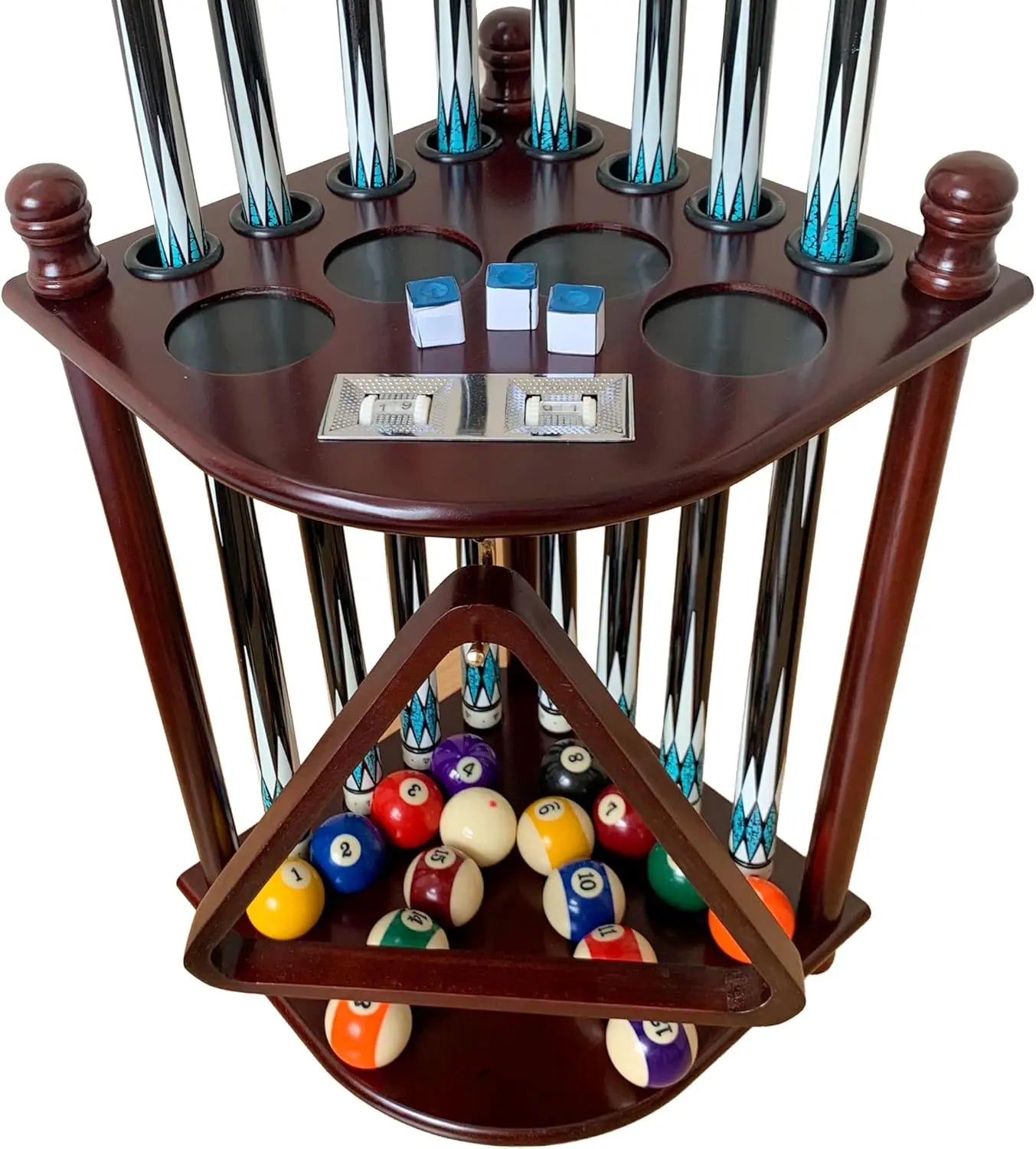 Floor Standing Pool Cue Rack 8 Sticks with Ball Hook & Scorer, Solid Wood Corner Holder