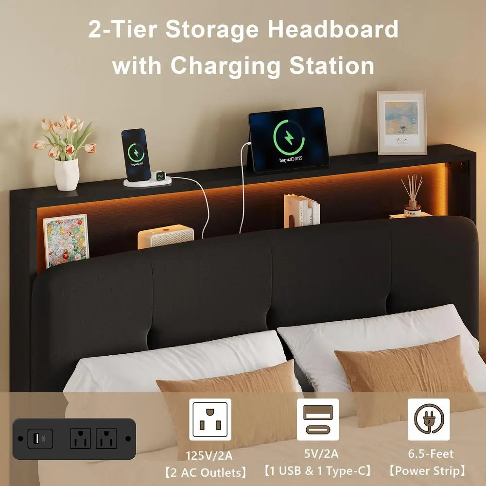 Floating Bed Frame King with Charging Station amp Led Light,