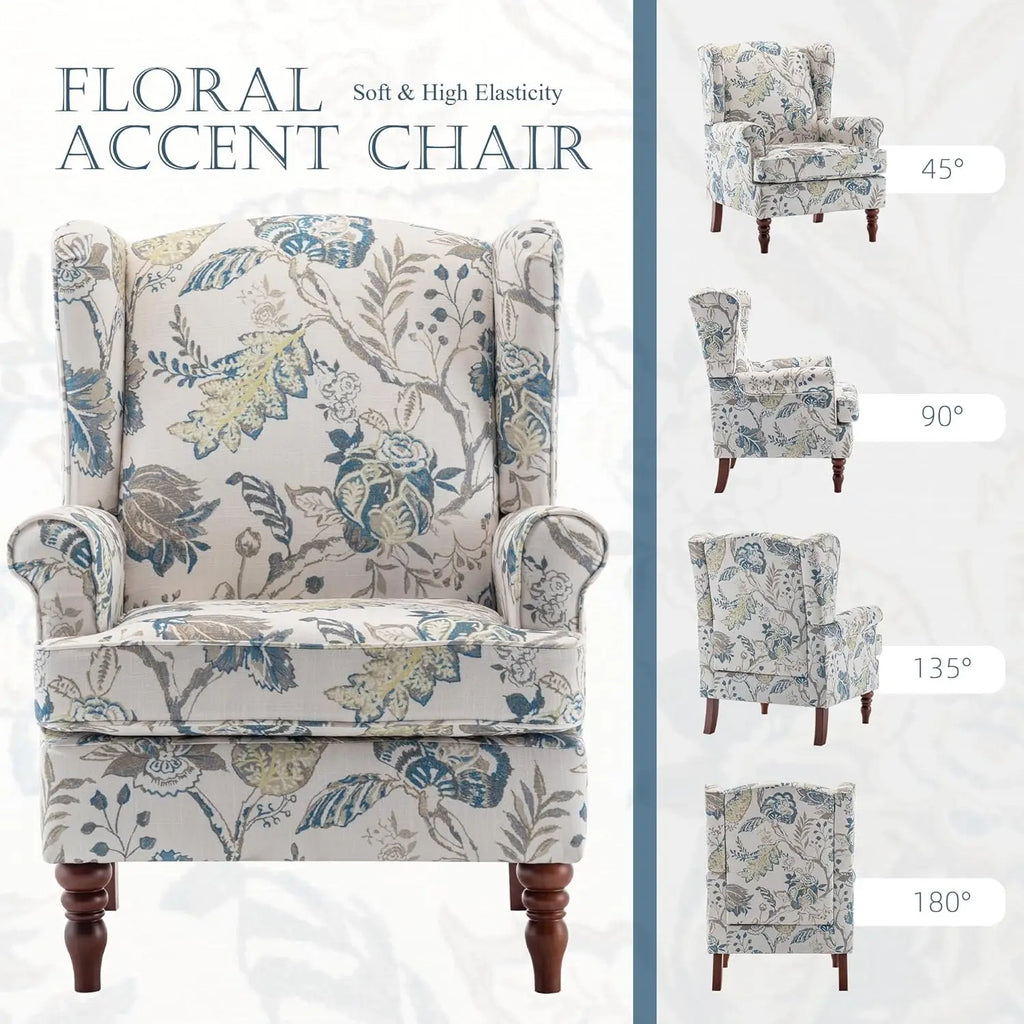 High Back Upholstered Floral Accent Chair with Solid Legs