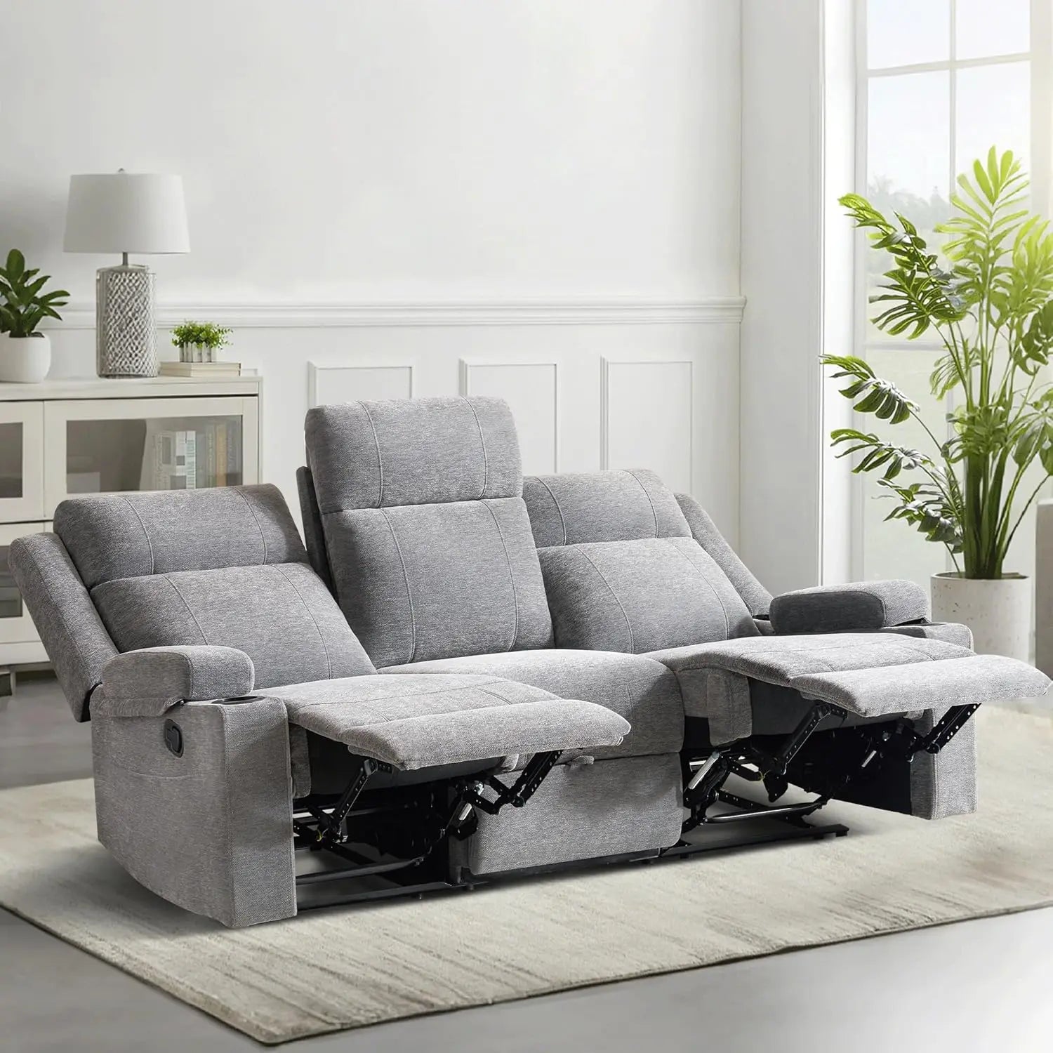 Large Manual Reclining Sofa 3 Seater Chenille Fabric, Multiple Colors