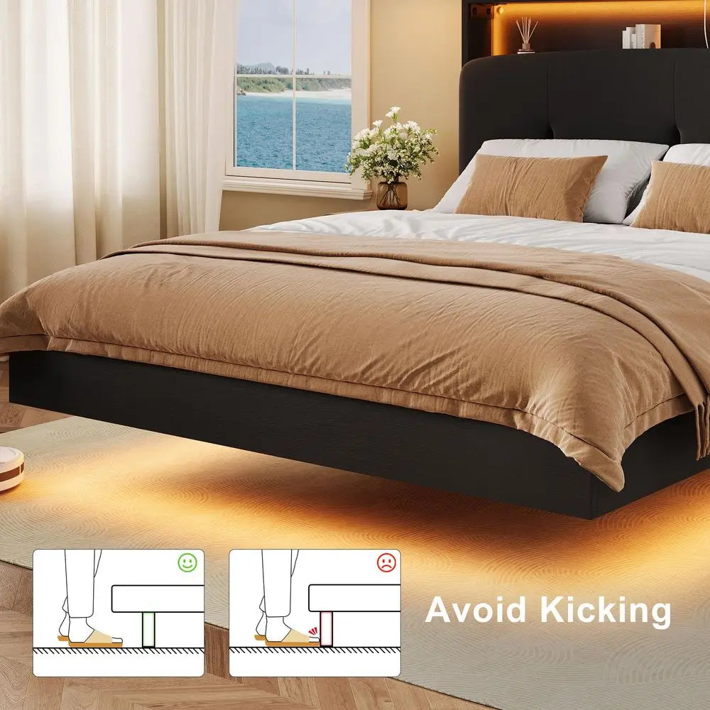 Floating Bed Frame King with Charging Station amp Led Light,