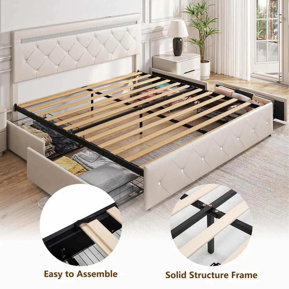 Platform Storage Bed Frame with 4 Drawers and LED Light, (no King available)