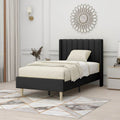 Twin size Mid-Century Black Linen Platform Bed Frame with Upholstered Headboard