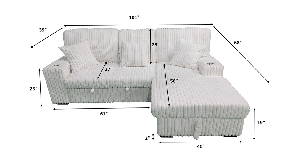 Venice Ivory Corduroy Storage Sleeper Sectional w/ Dual Cupholders & USB Ports