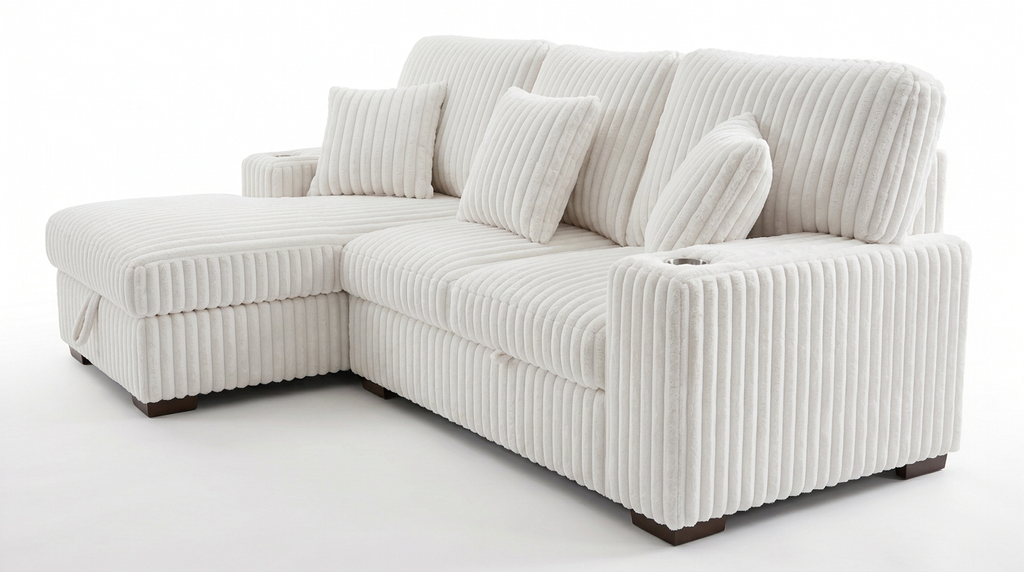 Venice Ivory Corduroy Storage Sleeper Sectional w/ Dual Cupholders & USB Ports