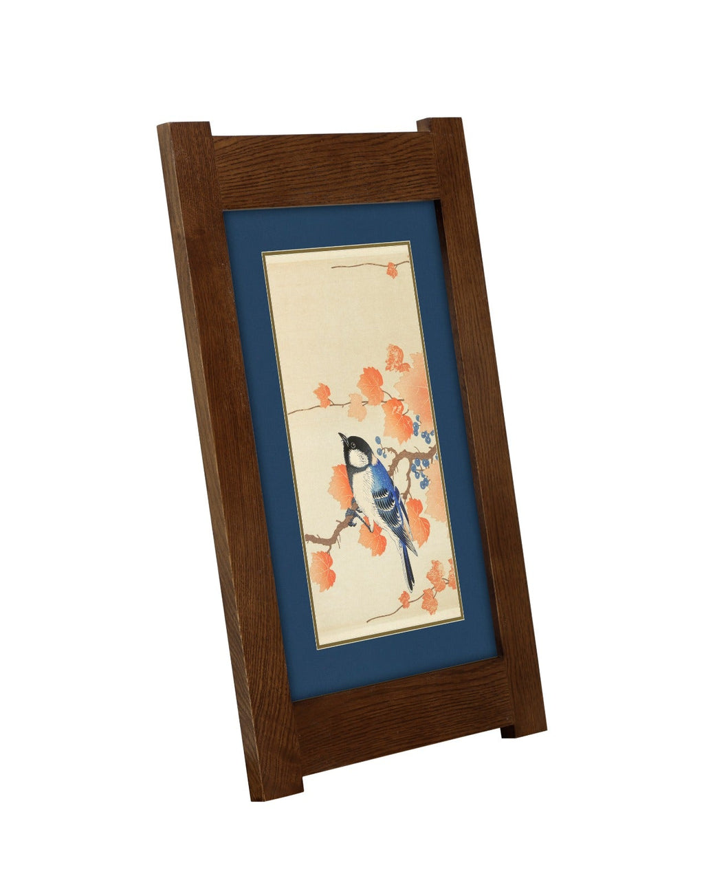 Arts & Crafts Mission Oak Framed Art with Blue Jay in Autumn Blossom