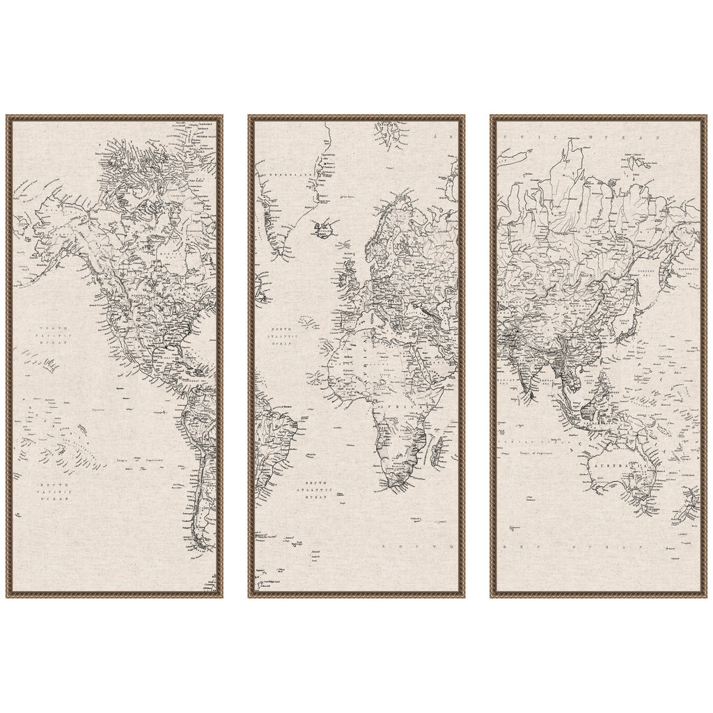 Vintage Black and White World Map Linen 3 Piece Framed Canvas Wall Art Set by The Creative Bunch Studio