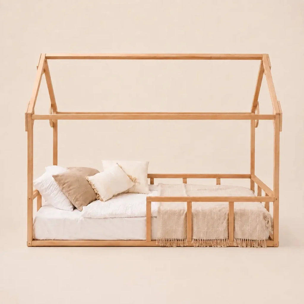 Twin Size Montessori House Bed for Kids with Fence