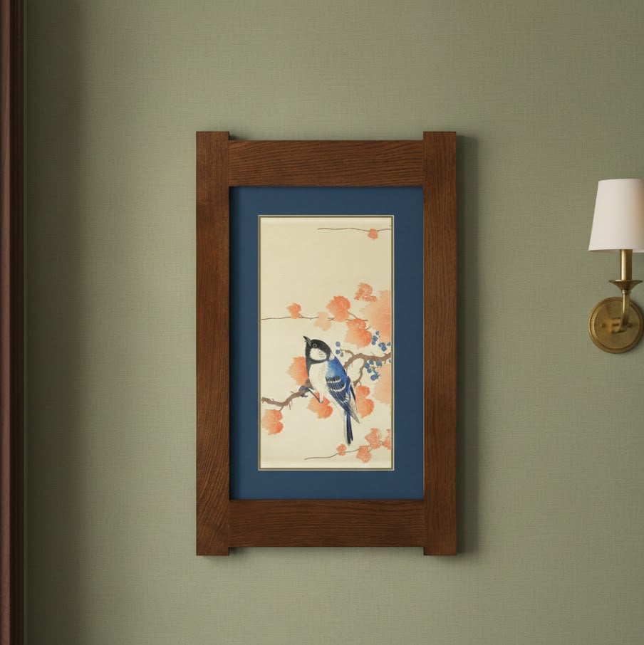 Arts & Crafts Mission Oak Framed Art with Blue Jay in Autumn Blossom